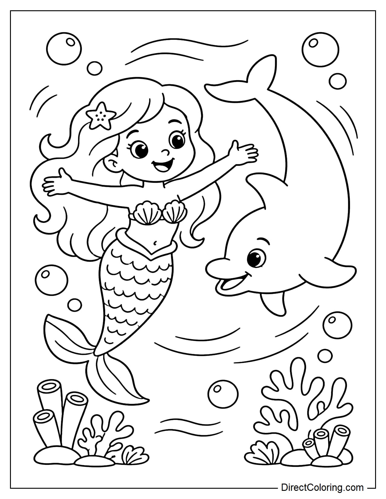 A mermaid is happily playing with a dolphin, surrounded by soft, curved water, large bubbles, and some coral.