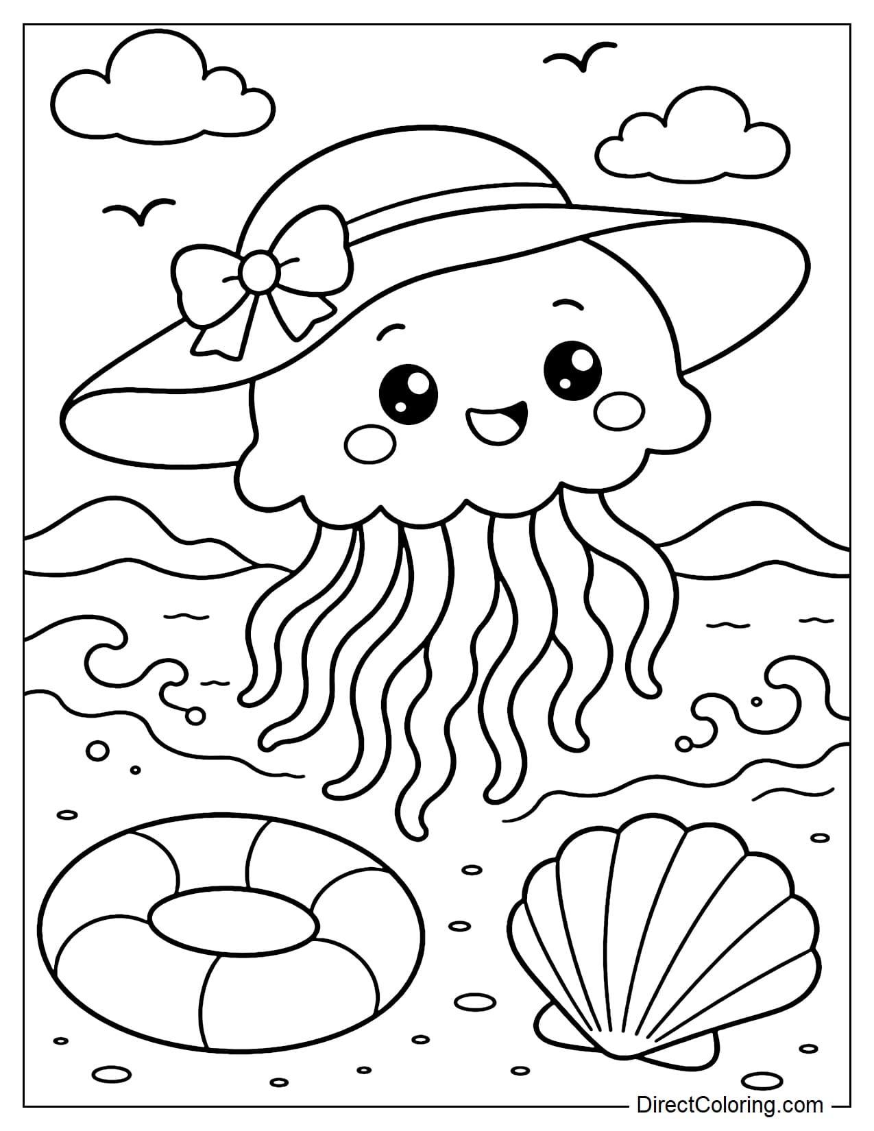 An adorable little jellyfish wearing a wide-brimmed beach hat, floating near the shore with some gentle waves, a round buoy, and a large seashell.