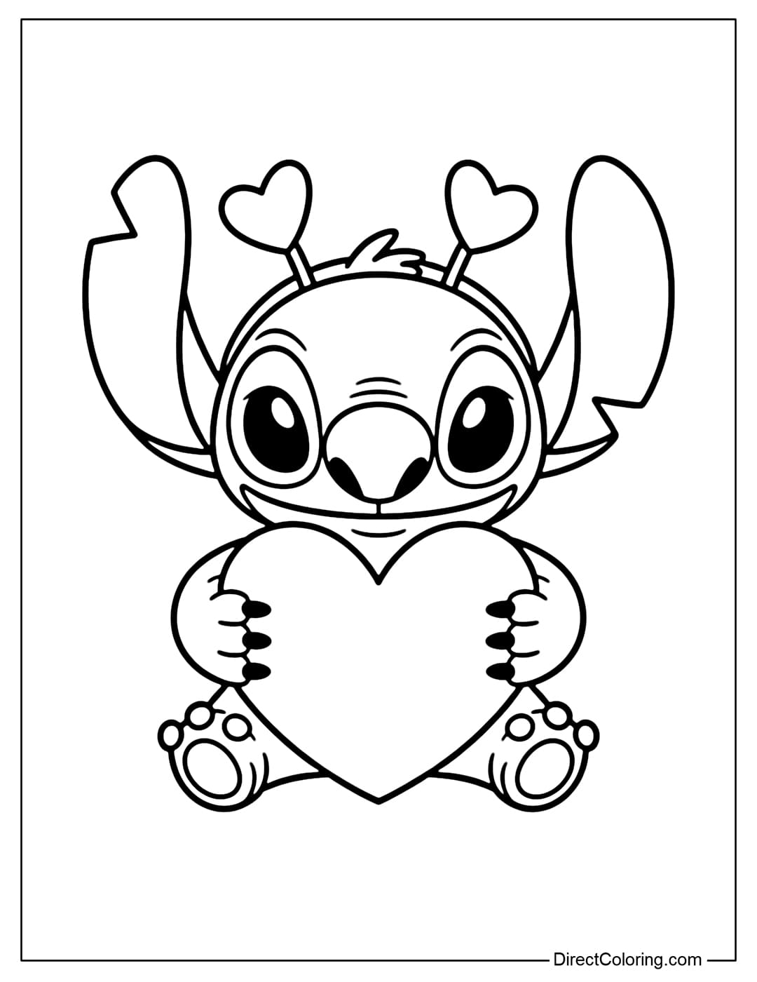 This coloring page shows Stitch wearing a headband with two hearts attached to small sticks, while holding a large heart.