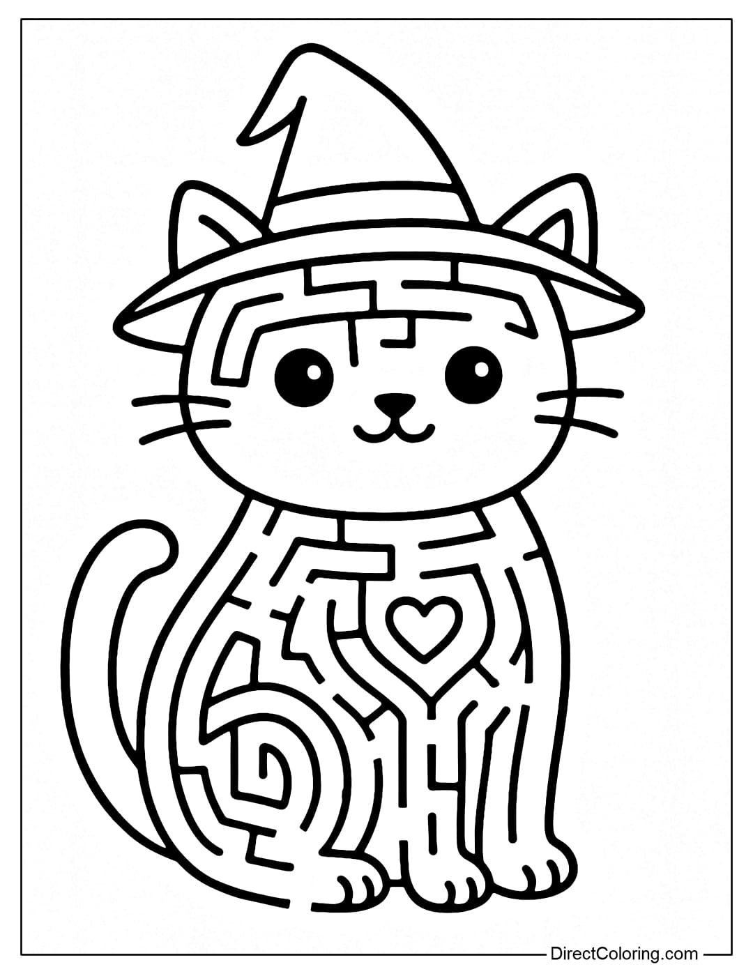 Maze coloring page in a cat wearing a witch hat, the entrance is at the left cat's paw, the destination is at the small heart in the middle of the cat's chest.