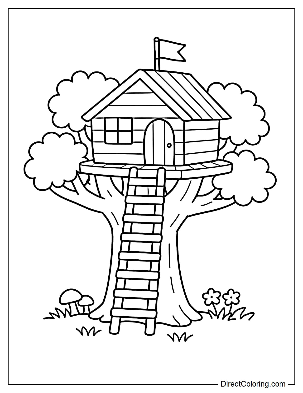A simple treehouse with a small flag on the roof, a large tree trunk, and a short ladder underneath.