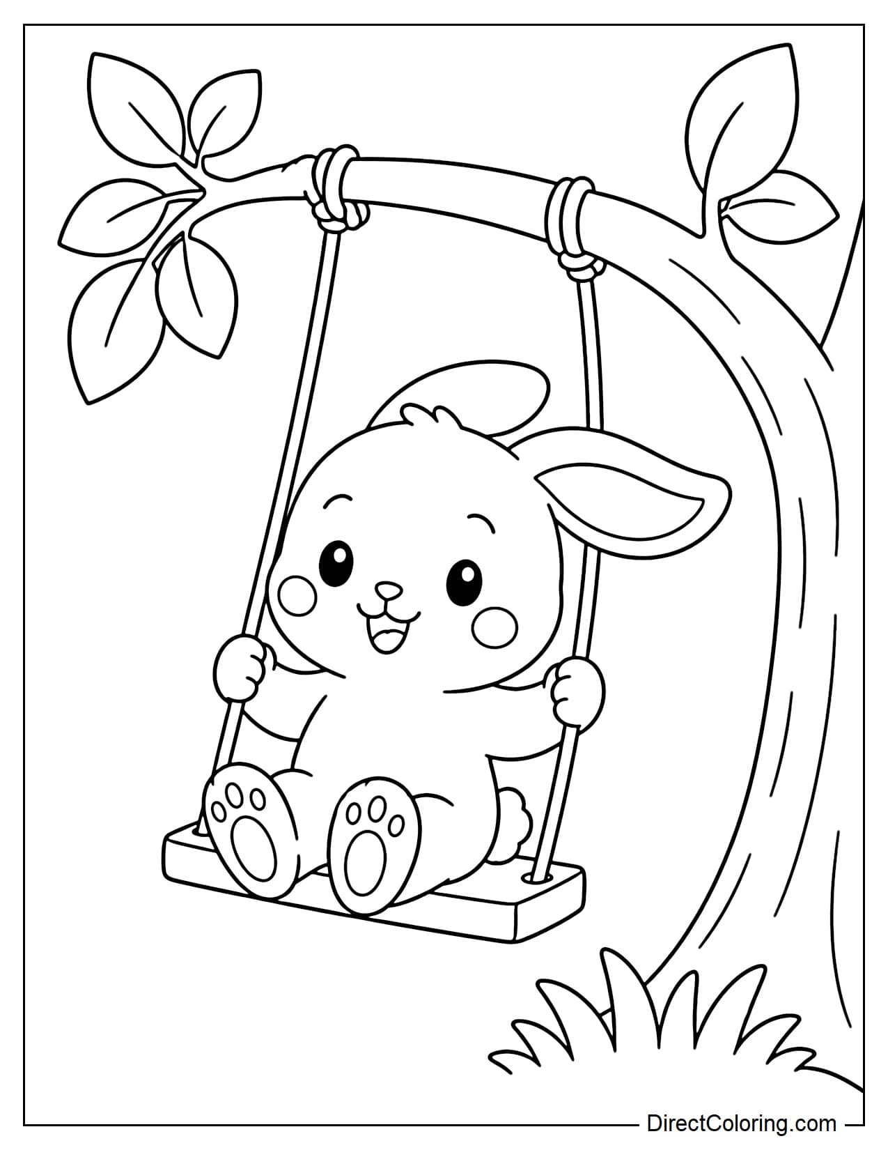 A rabbit sits on a wooden swing hanging from a curved tree branch, with its legs stretched slightly forward and its ears flowing backward.