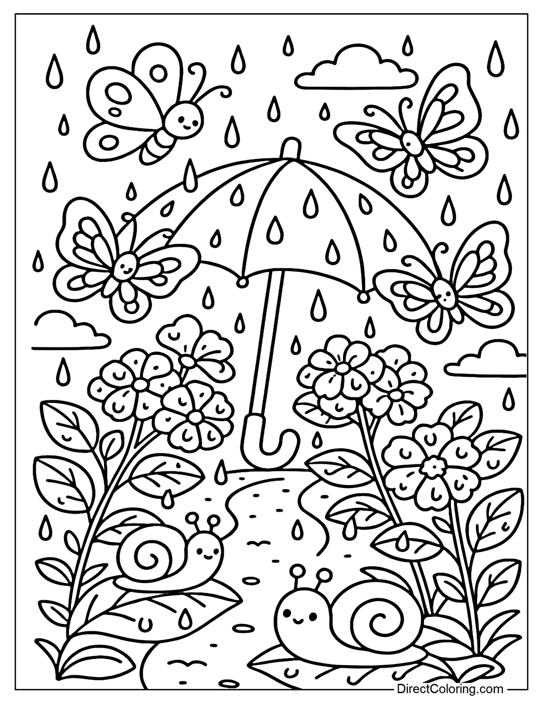 A butterfly garden coloring page in the afternoon of light rain, butterflies flying around the flowers drenched in dew, a few cute snails crawling slowly on the leaves