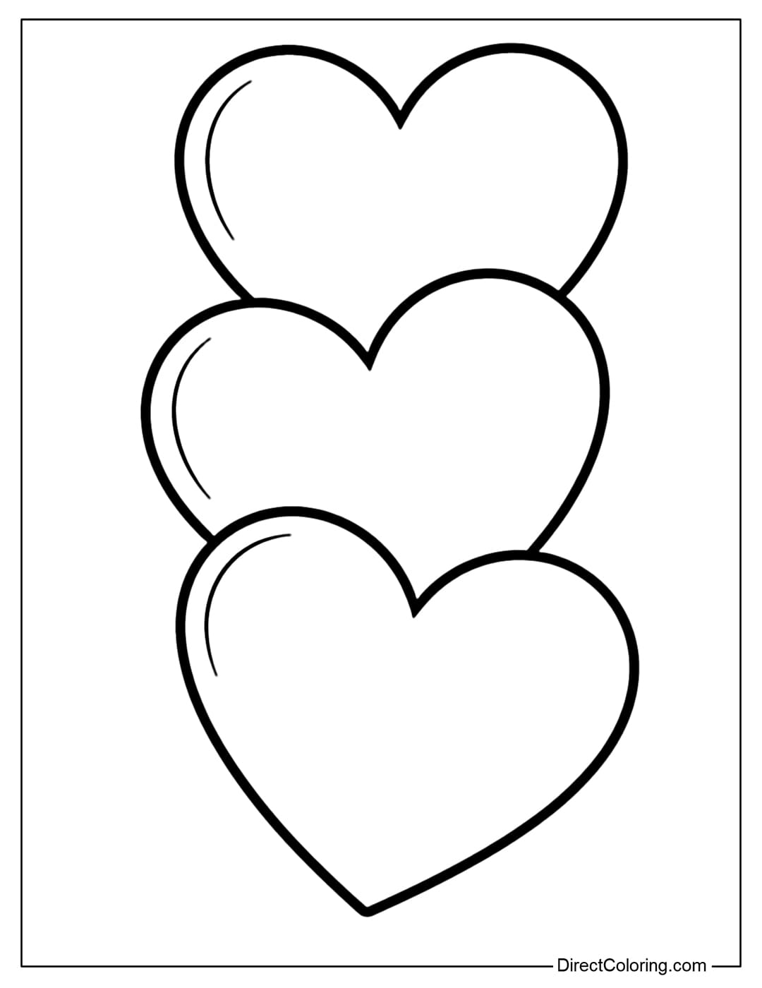 A coloring page featuring three stacked hearts.
