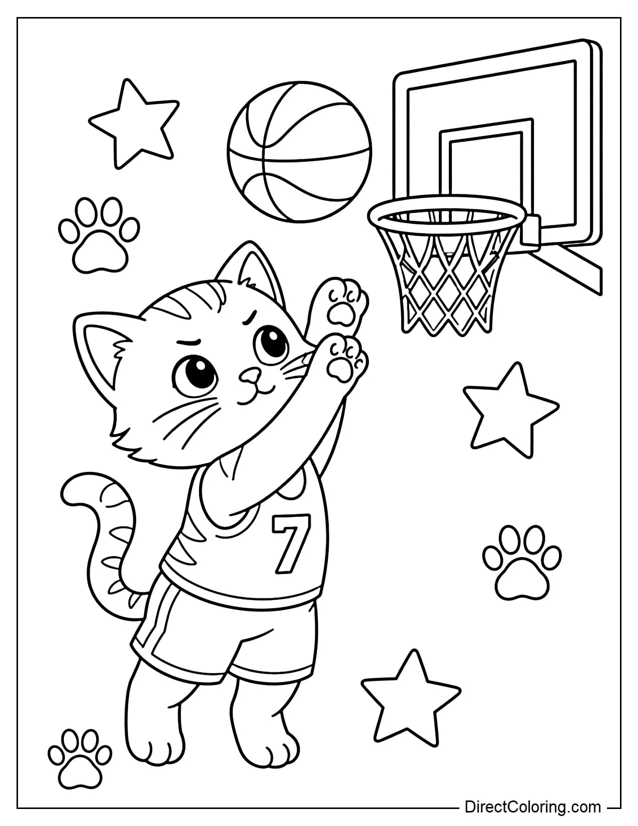 A cute cat is throwing a basketball with both paws, its tail slightly curved, surrounded by some stars and a simple paw print.