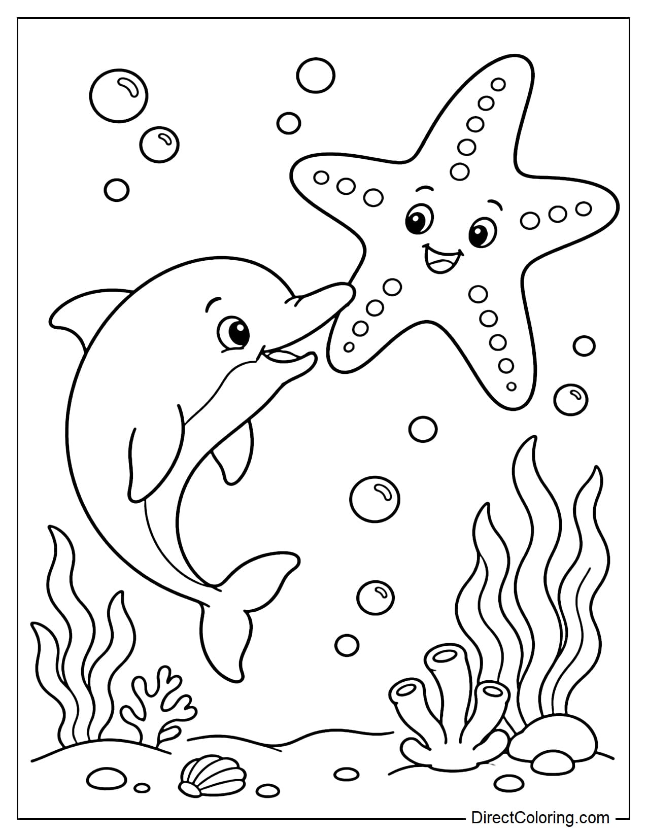 The dolphin is pushing a large starfish with its long nose, creating a fun and friendly moment under the ocean.