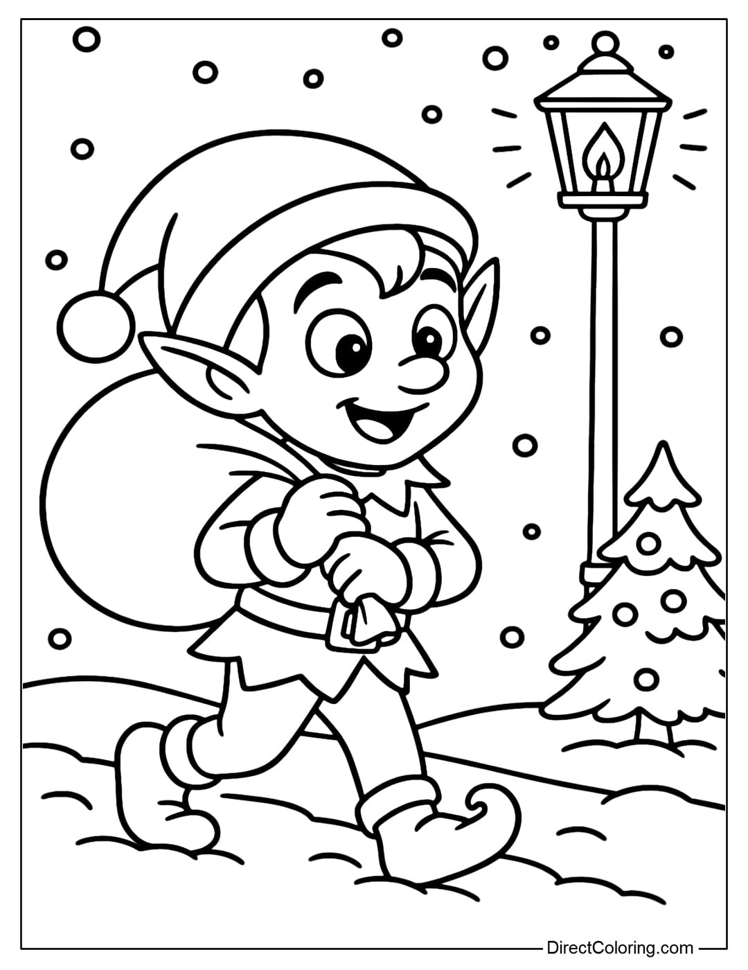 Elf coloring page carrying a big gift bag, walking in the snow to deliver gifts, Christmas lights shining.