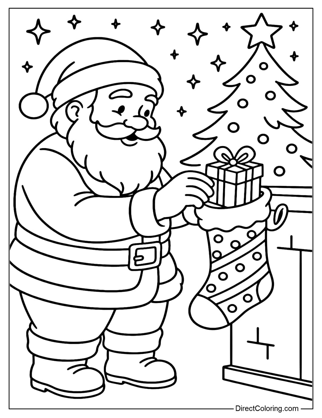 Santa Delivering Gifts Coloring Page Santa Claus coloring page is gently placing gifts in a stocking hanging on the wall, behind is a Christmas tree.