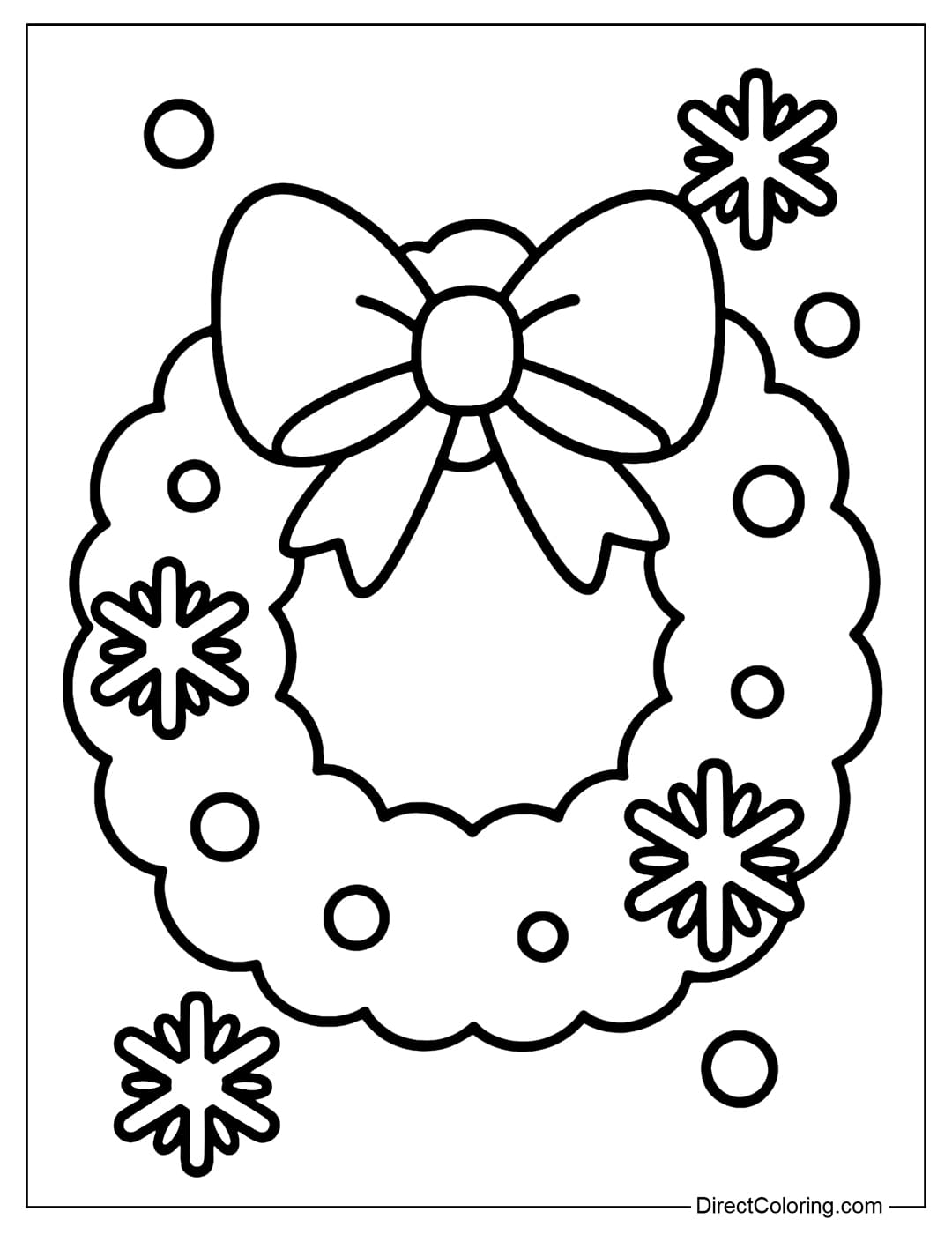 Fluffy Snow Christmas Wreath Coloring Page A wreath coloring page covered with soft snow, with a big bow and some big round snowflakes.