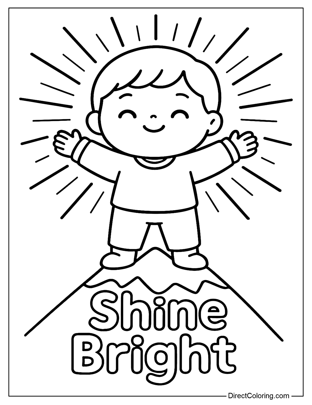Coloring page of a child standing on the top of a mountain, with sunlight shining behind him, and the word 