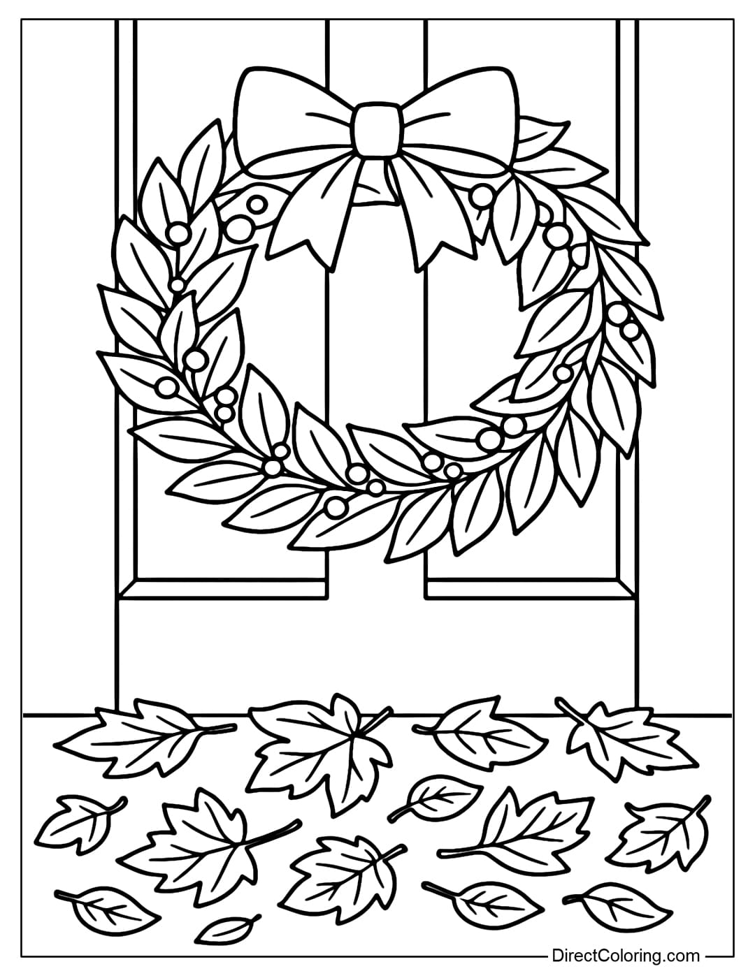 Coloring page of laurel wreath with leaves and berries hanging on a wooden door, with a carpet of yellow leaves underneath.