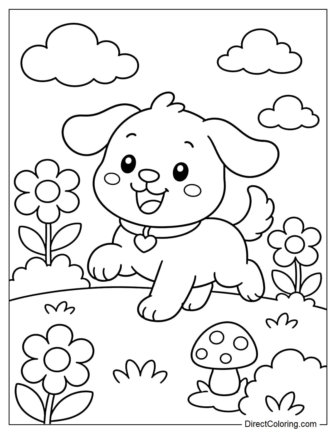 A puppy is happily running in a little garden, one leg lifted as if skipping, ears fluttering, and a cute, curled tail, surrounded by flowers, bushes, small mushrooms, and clouds.