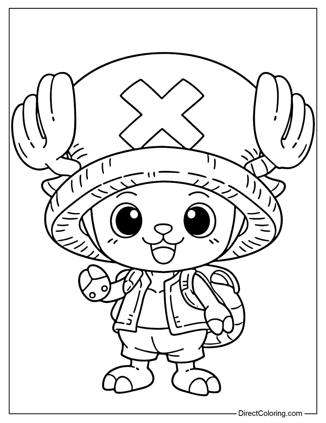 Chopper is standing and smiling adorably, with big round eyes and a large hat.