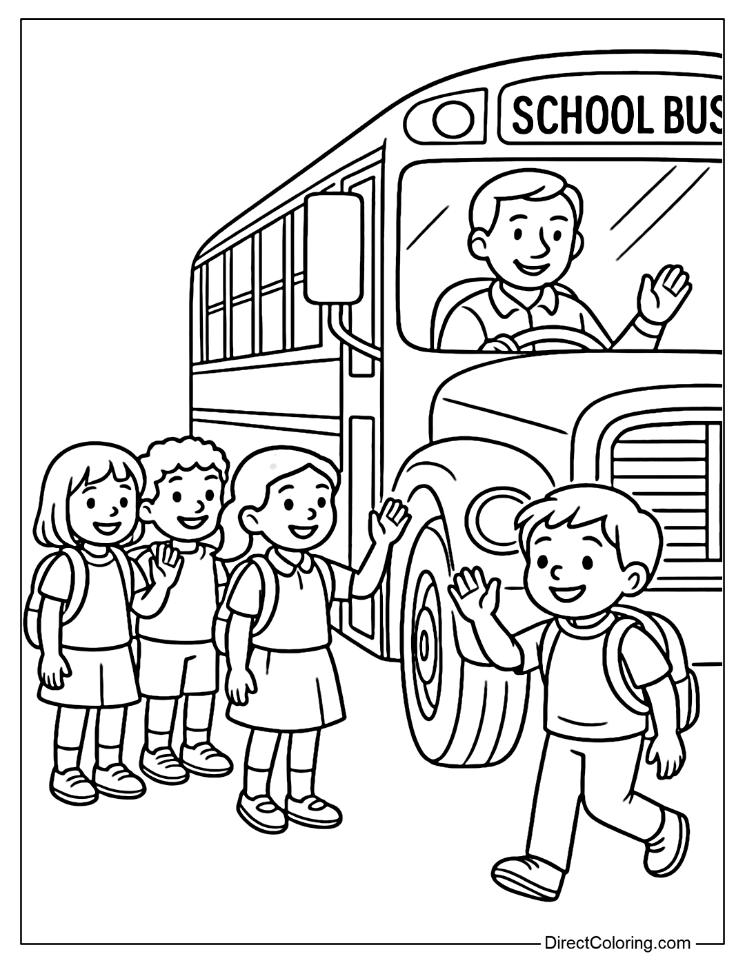 A coloring page of children standing in line, waving to the school bus driver.
