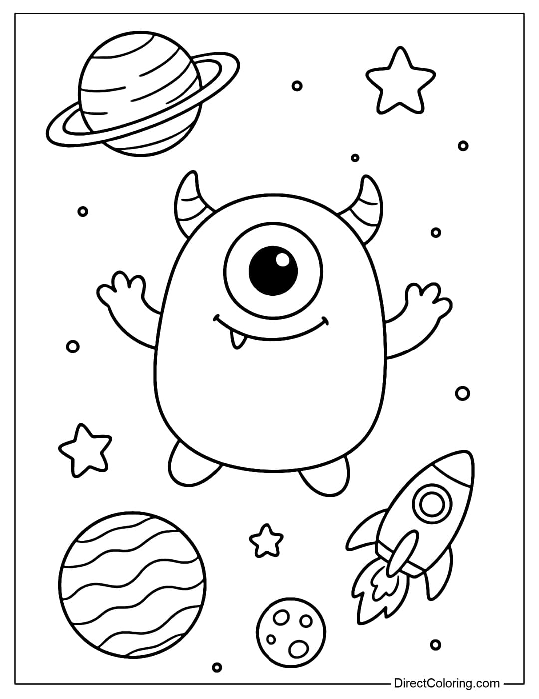 A coloring page of a round, fat monster floating in space, surrounded by stars, planets, and small spaceships.
