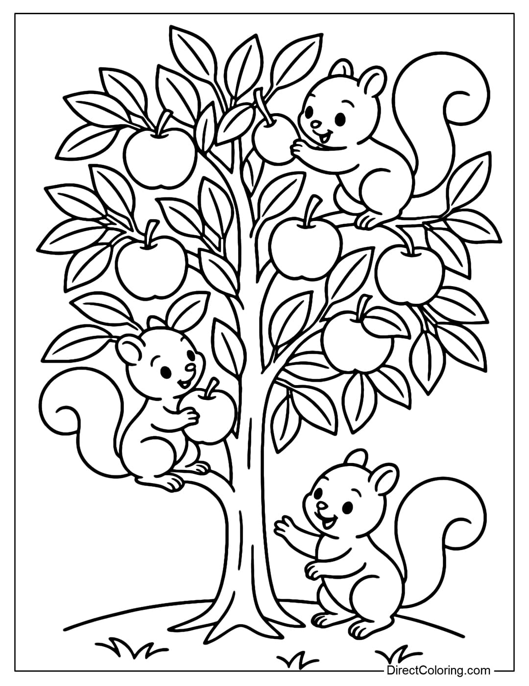 Coloring page of an apple tree with lots of fruit, with some cute little squirrels picking apples and playing.