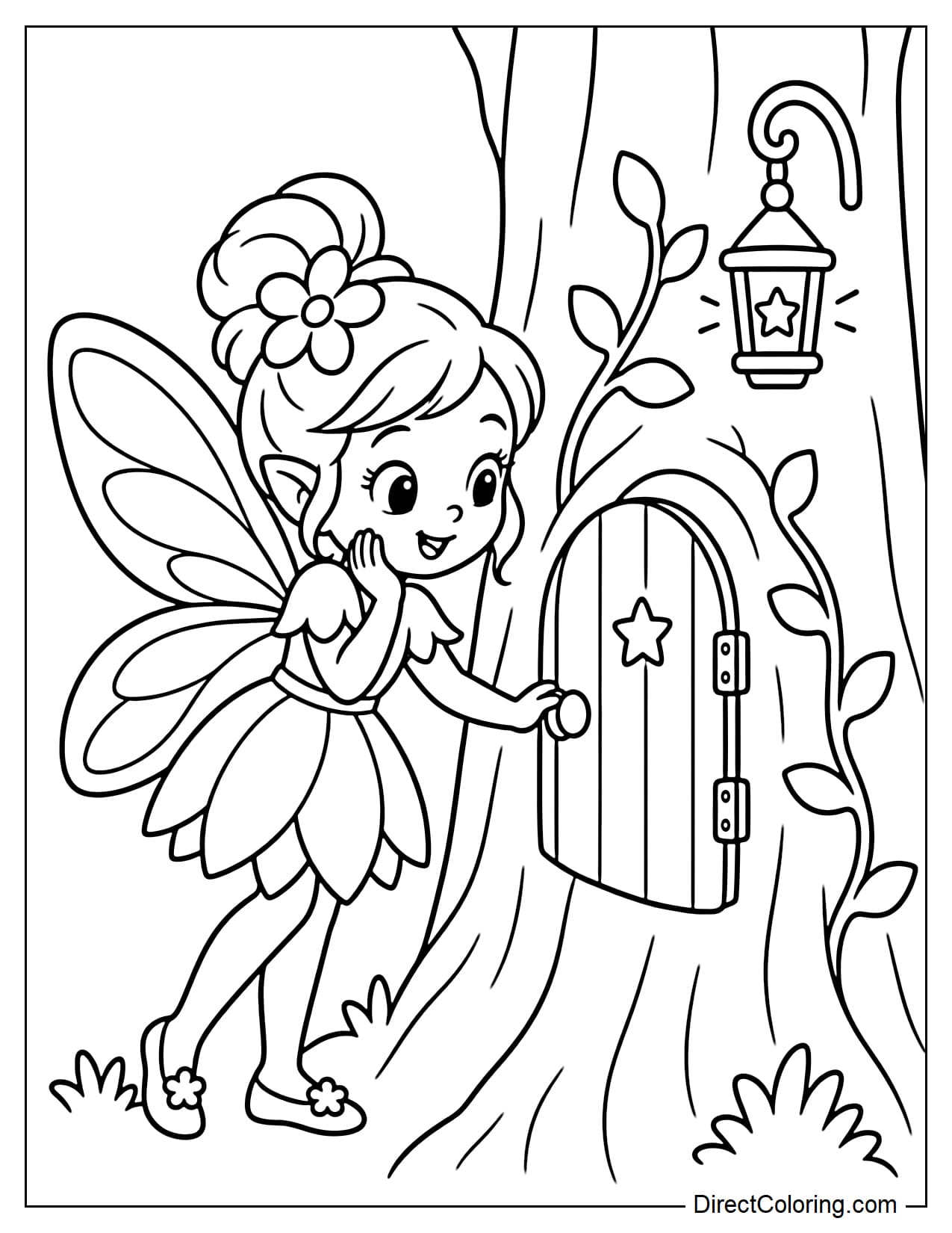 A fairy is standing in front of a large tree trunk and opening a tiny secret door, with a few simple vines and a small lantern around the doorway.