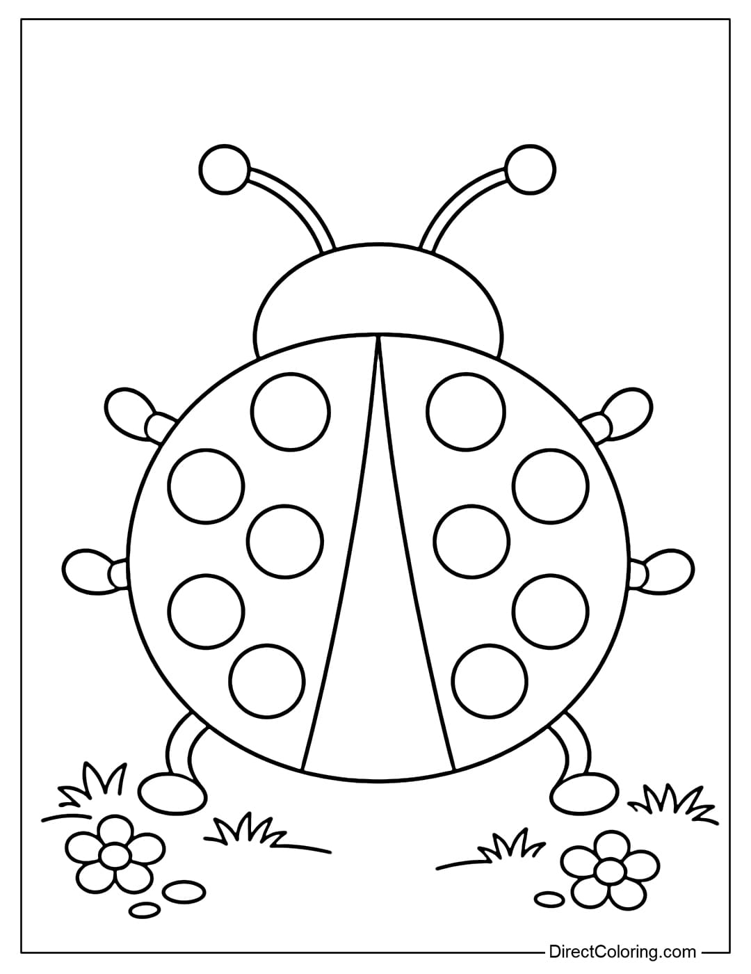 A cute ladybug coloring page with a large, round body and many dots on its wings, standing on a small patch of grass with a few simple flowers around it.