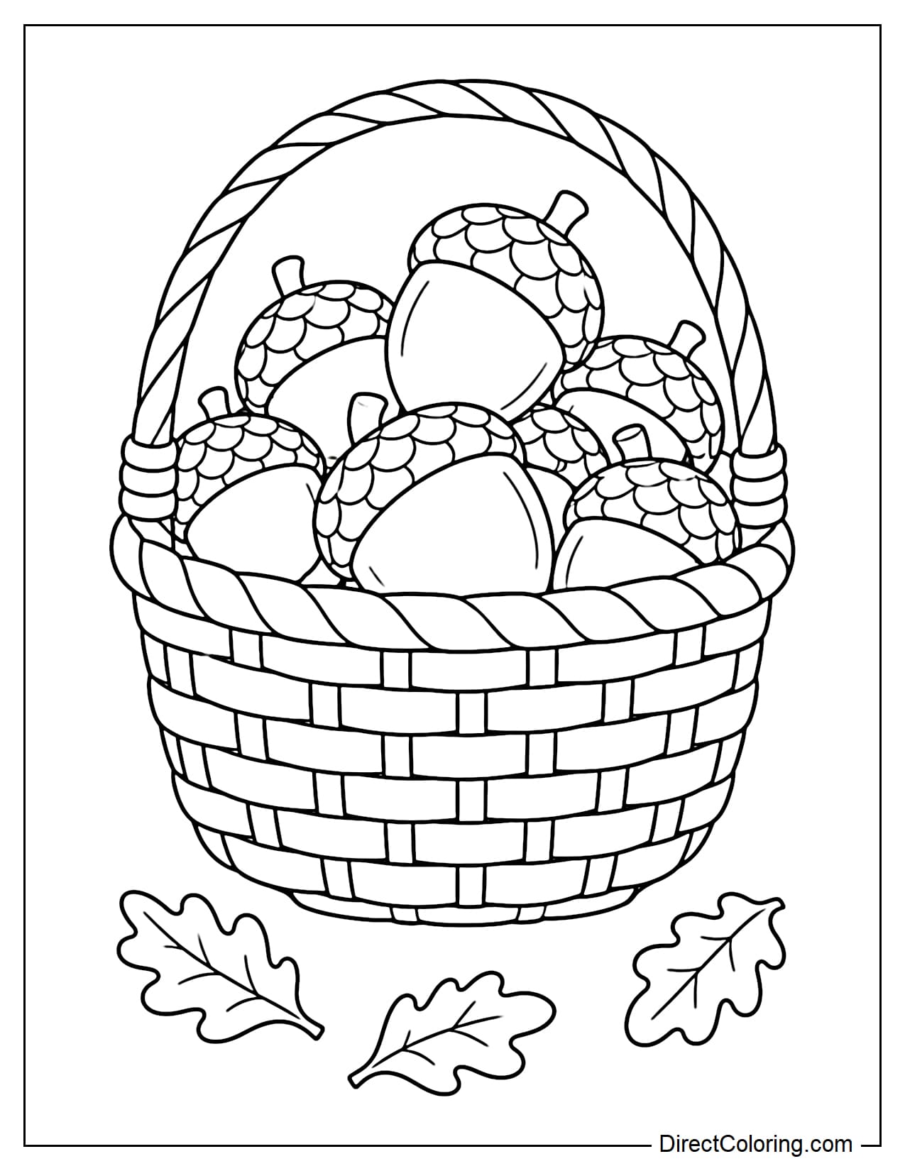 A large woven basket with a curved handle filled with big acorns, with a few acorns rising above the rim and three oak leaves lying underneath.