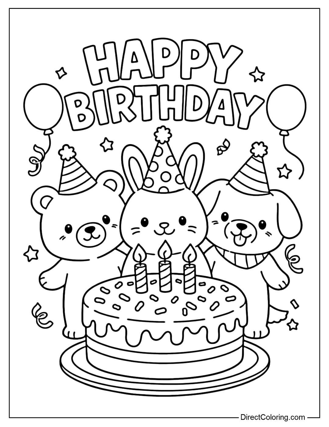 A coloring page featuring three cute animals – a bear, a rabbit, and a dog – wearing birthday hats, standing behind a large birthday cake with the words HAPPY BIRTHDAY written on it.