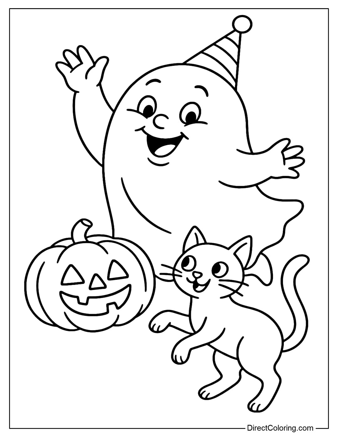 A ghost coloring page wearing a party hat, dancing with pumpkins and black cats, funny and hilarious.