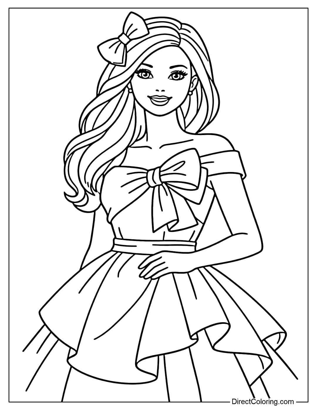 Barbie in a striking fashionable dress with a bow on the top and a pleated skirt with large folds of fabric.