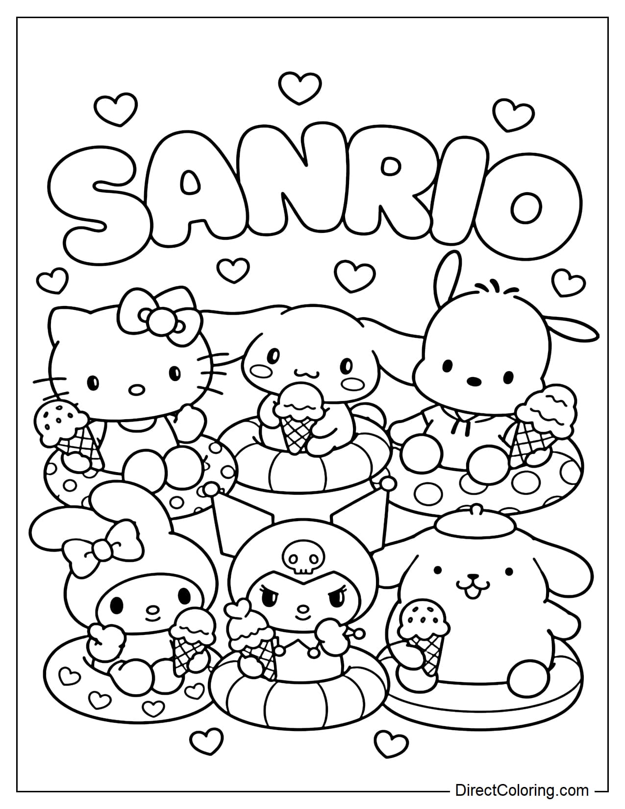 Sanrio characters: Hello Kitty, Cinnamoroll, Pochacco, My Melody, Kuromi, and Pompompurin are having fun in the summer with inflatable floats and ice cream cones. Above them is the large word 