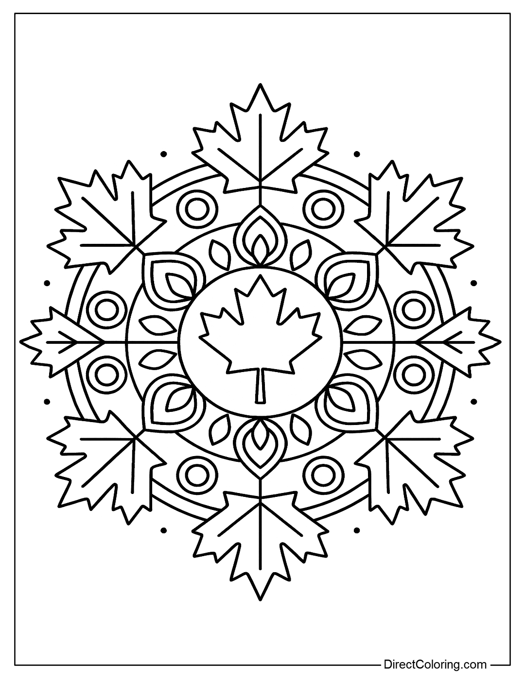 A symmetrical mandala coloring page with alternating maple leaf motifs. Great for tweens