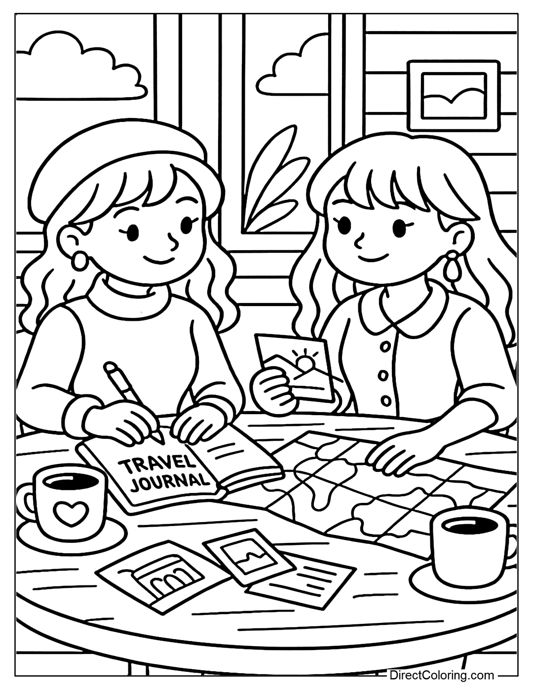 Coloring page of two girls writing a travel diary in a cafe, with maps, coffee and postcards.