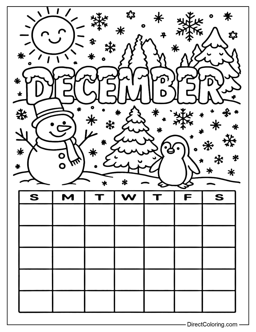 December calendar with the title DECEMBER in thick snow-covered letters, behind is a winter forest scene.