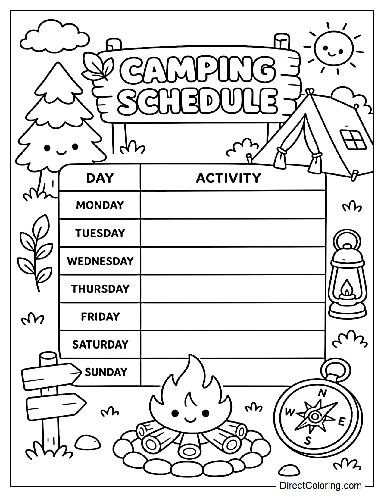 A camping schedule featuring a cute little tent, pine tree, compass, and campfire surrounding a weekly calendar for outdoor activities.