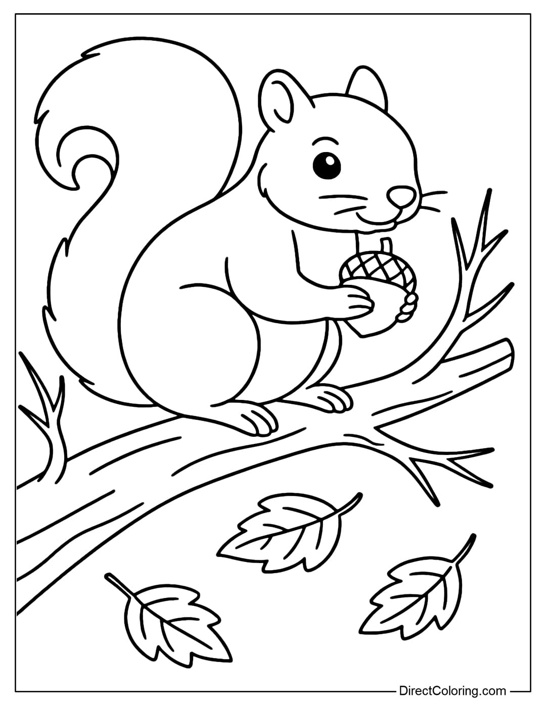 A coloring page of a squirrel sitting on a bare tree branch, holding a chestnut in both hands, with a few fallen leaves below.