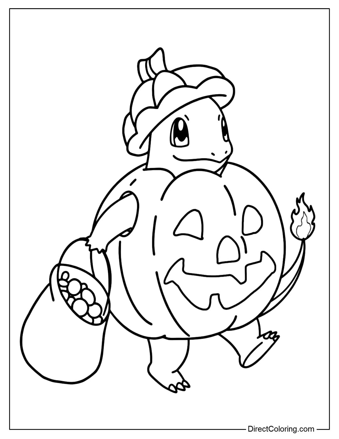 Charmander coloring page is wearing a round Jack-o-lantern pumpkin costume, wearing a small pumpkin hat, holding a basket of Halloween candy, walking happily.