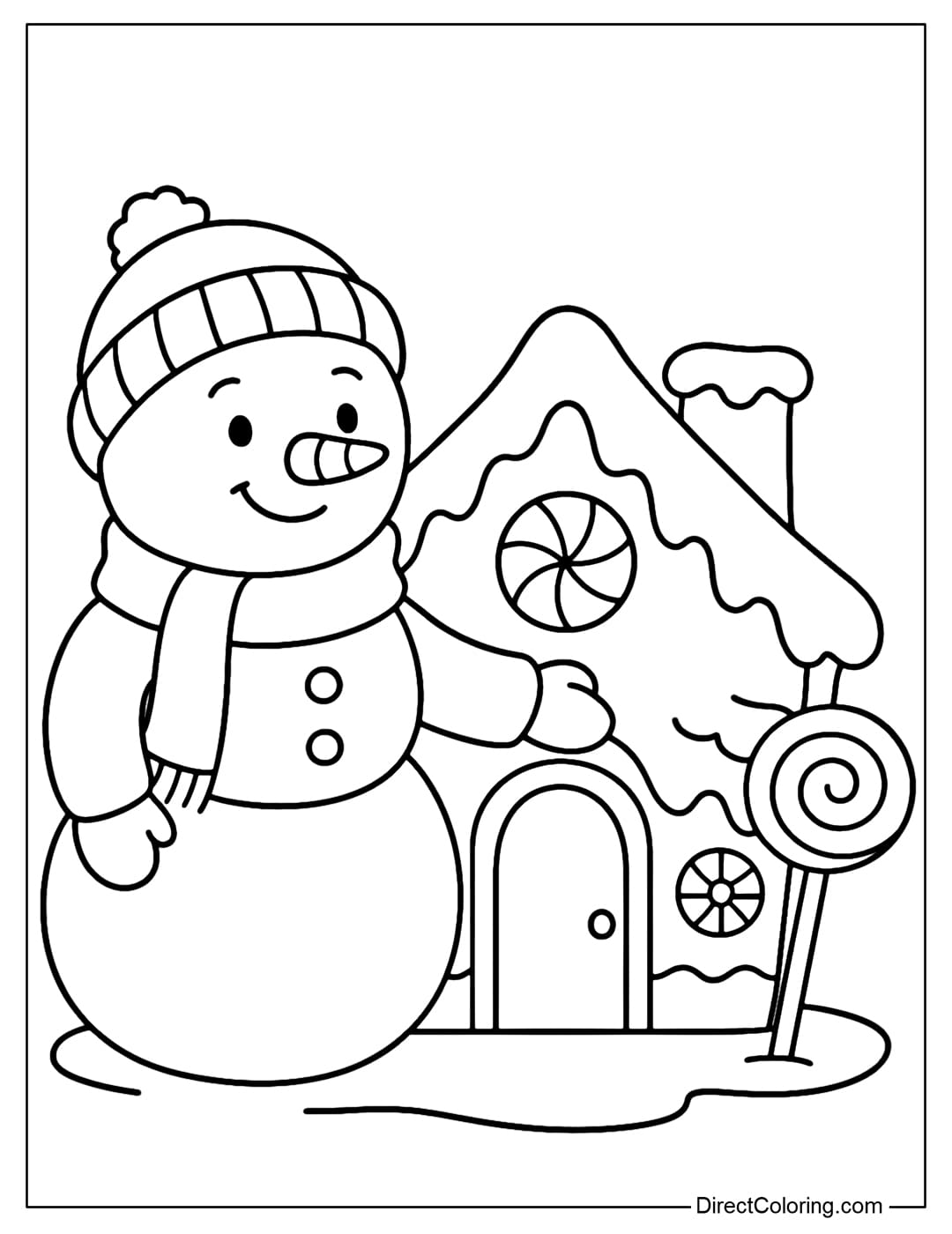 A snowman coloring page standing next to a snow-covered gingerbread house.