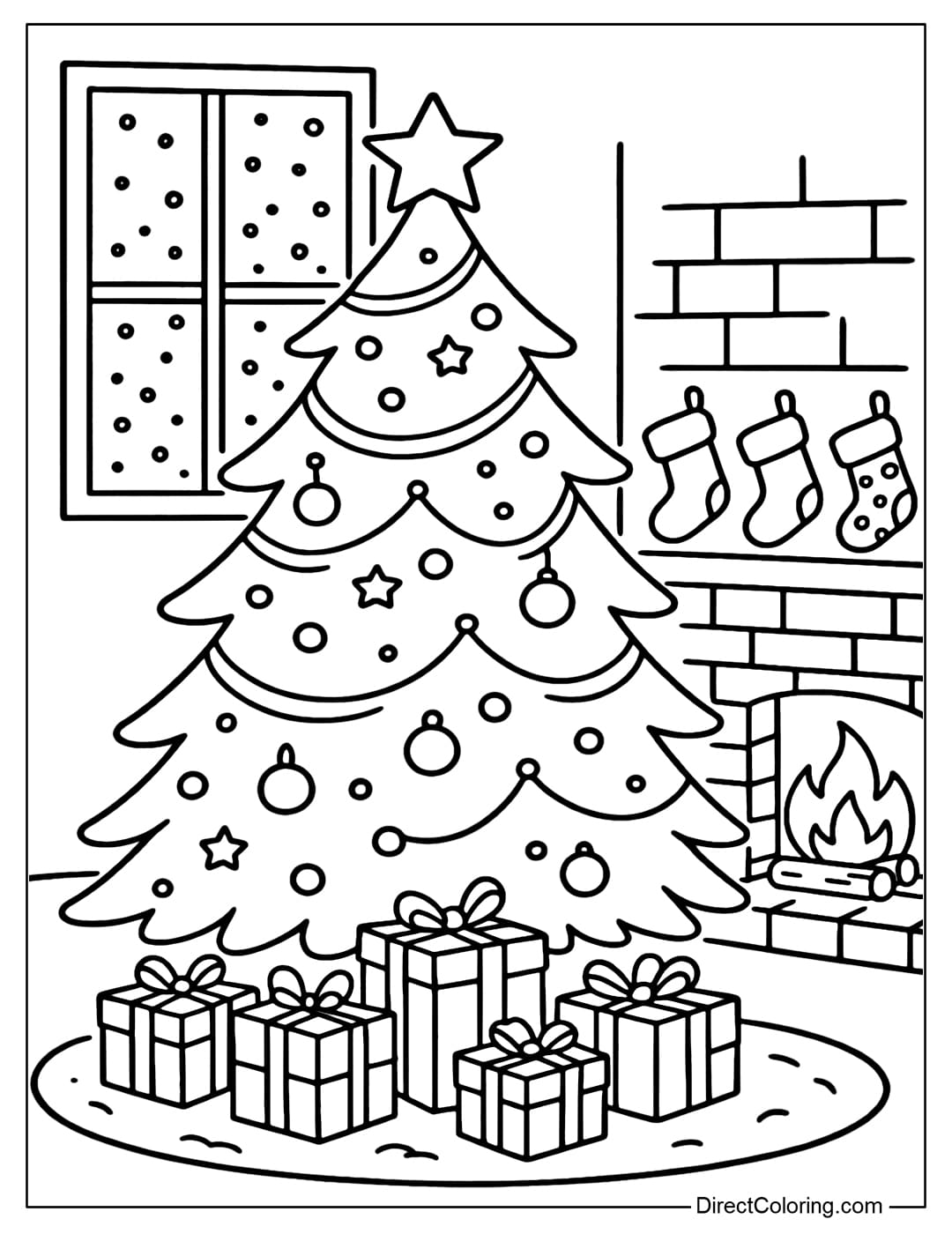 Coloring page of a Christmas tree in a cozy living room with a fireplace, gifts, hanging stockings, and snow falling from the window.