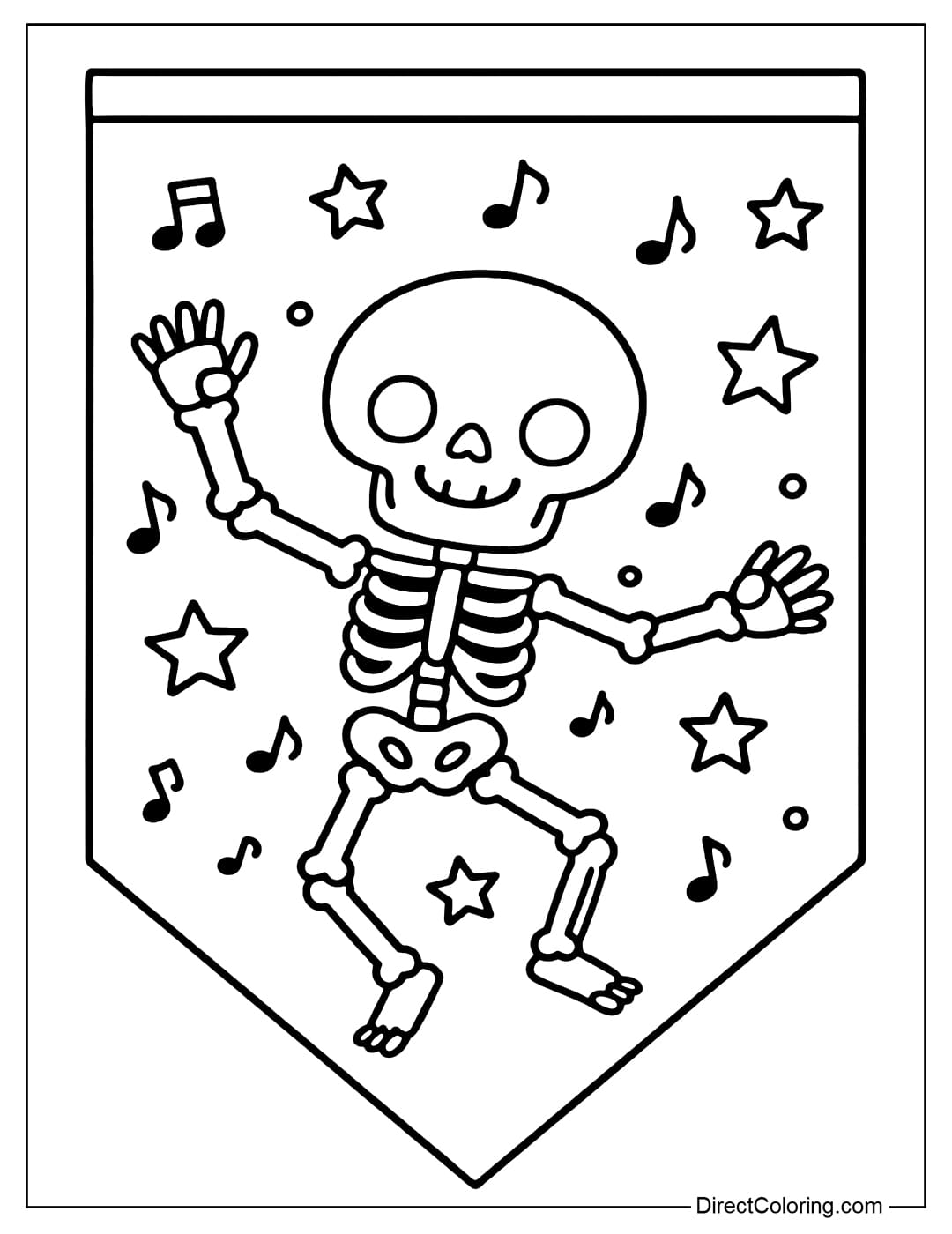 Halloween decorative flag coloring page in rectangular shape, in the middle is a skeleton dancing and laughing happily