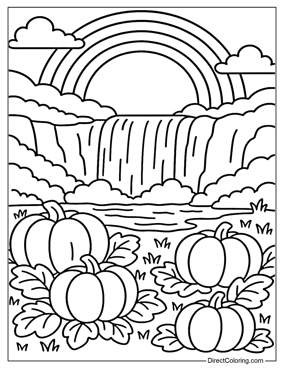 A green pumpkin garden coloring page located next to a white waterfall, misty water, a gentle rainbow across the sky.