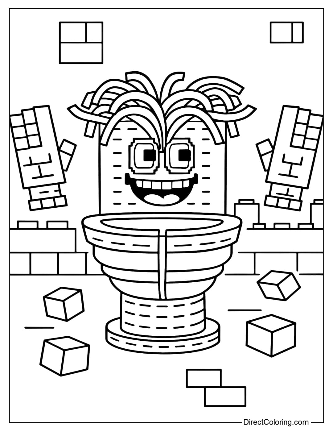 Spaghetti Tualetti coloring page standing in a lego game battlefield.