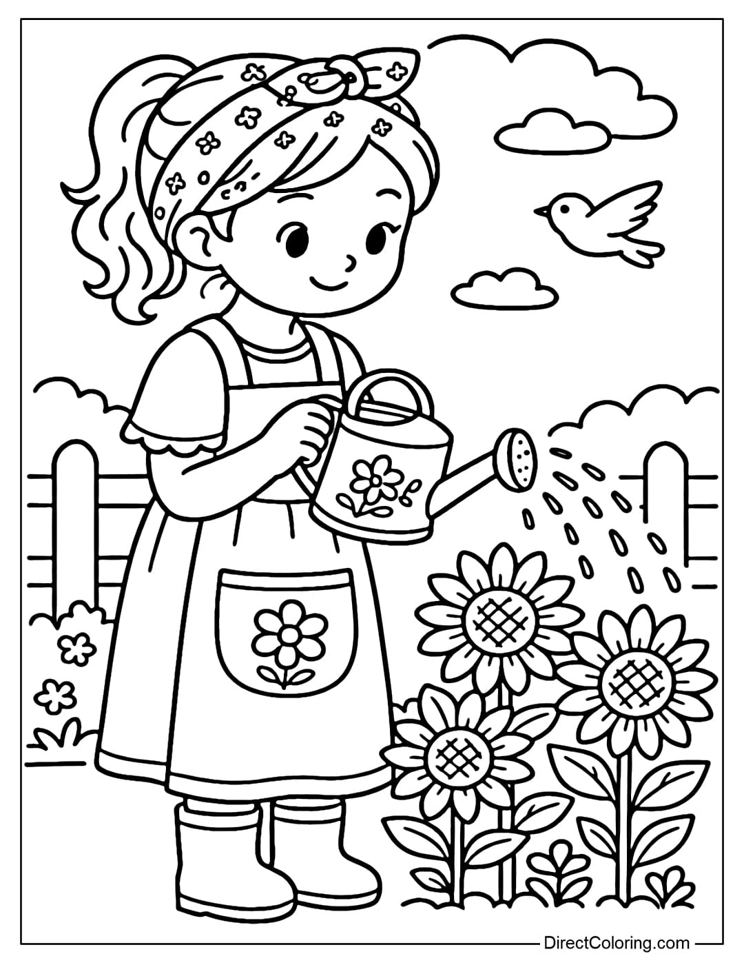 a coloring page of a farm girl watering a tall bed of sunflowers with an umbrella.