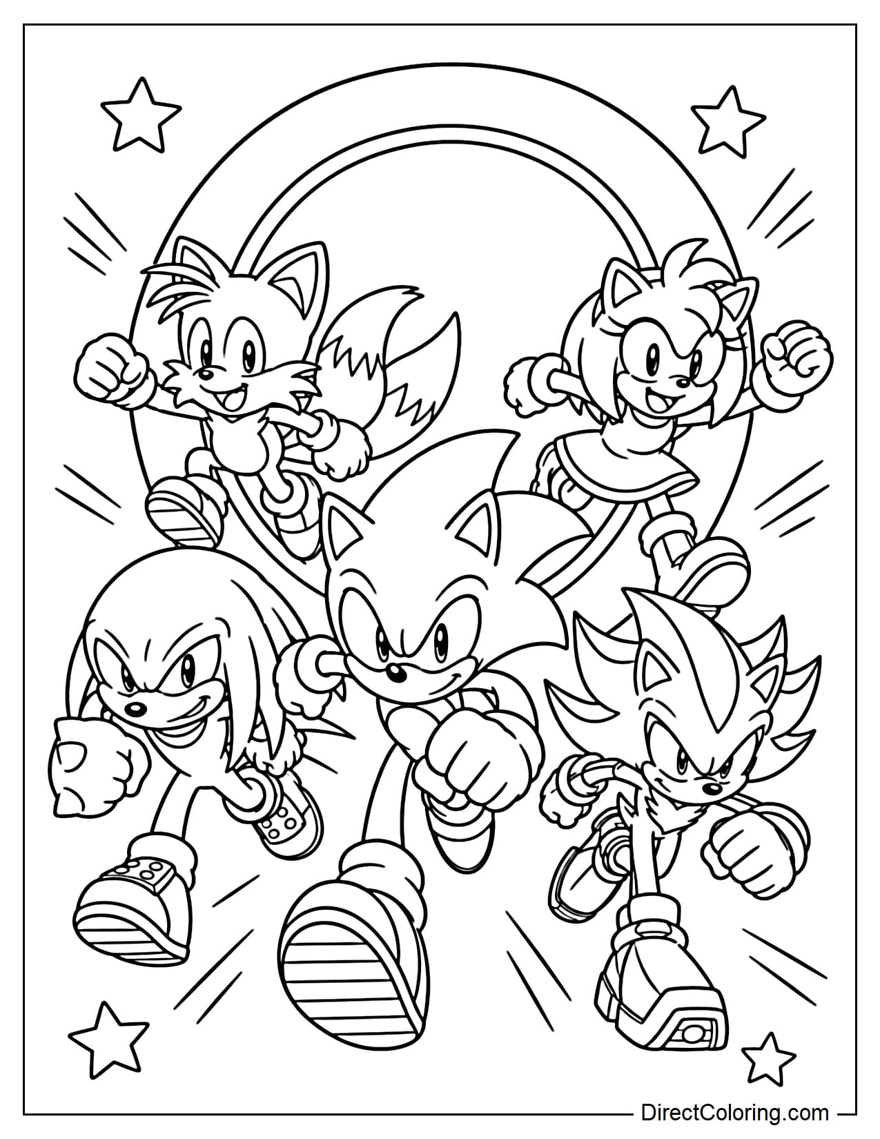 Sonic, Tails, Knuckles, Amy, and Shadow are running forward together, behind them a large gold ring with several moving lines around it.