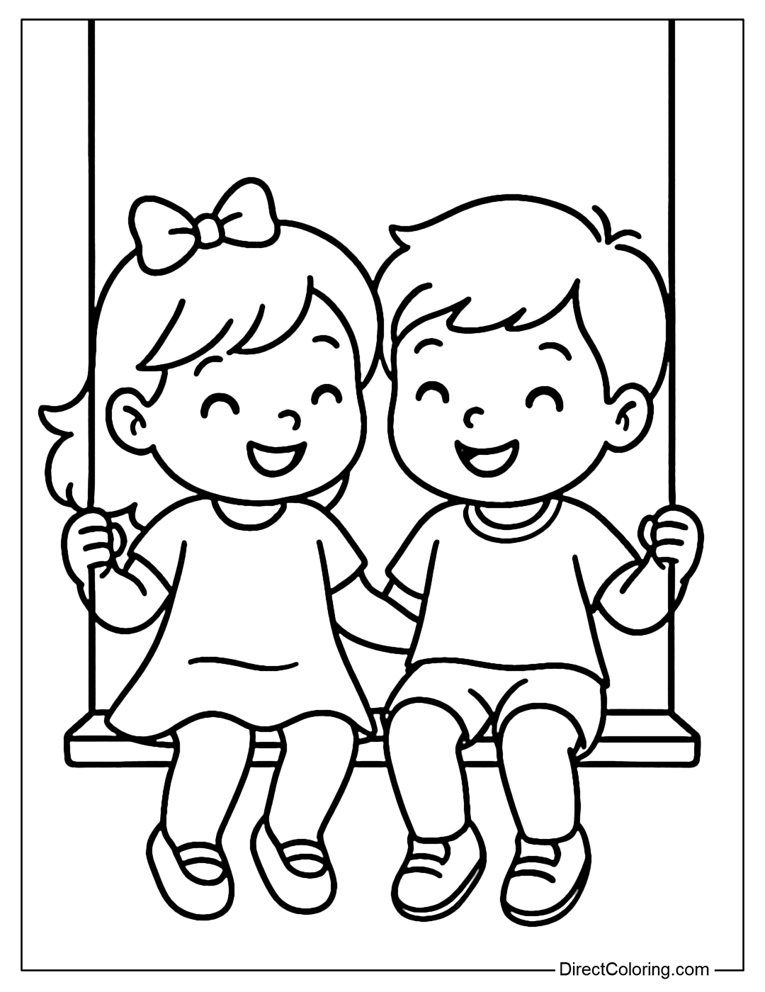 Coloring page of two children swinging on a double swing, swinging their legs and having matching hair bows.