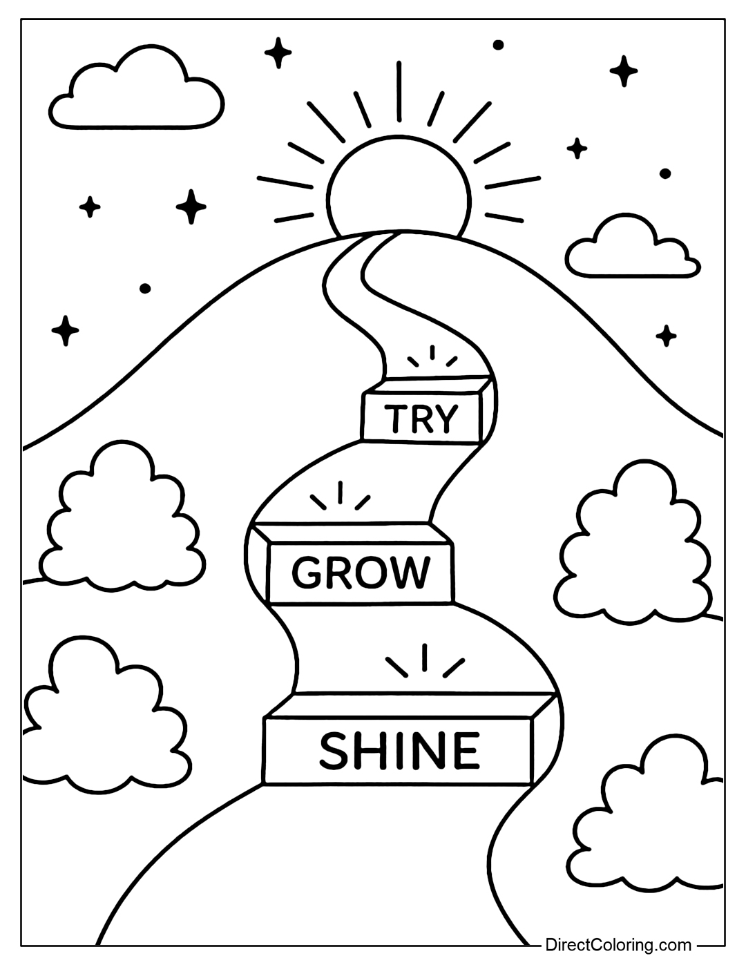 Coloring page of a path leading to the hill, each step is a small light with the words: Try – Grow – Shine.