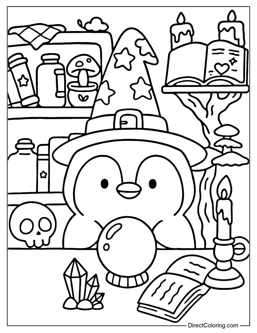 A coloring page of a penguin witch sitting in a cozy Halloween magic room with a fortune teller ball, candles, spell books, potions, magic mushrooms.
