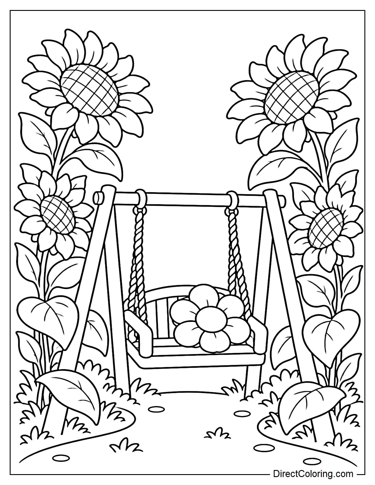 A small swing hangs from a wooden A-frame, with a flower-shaped pillow on its seat. Two sunflower beds grow on either side of the swing.