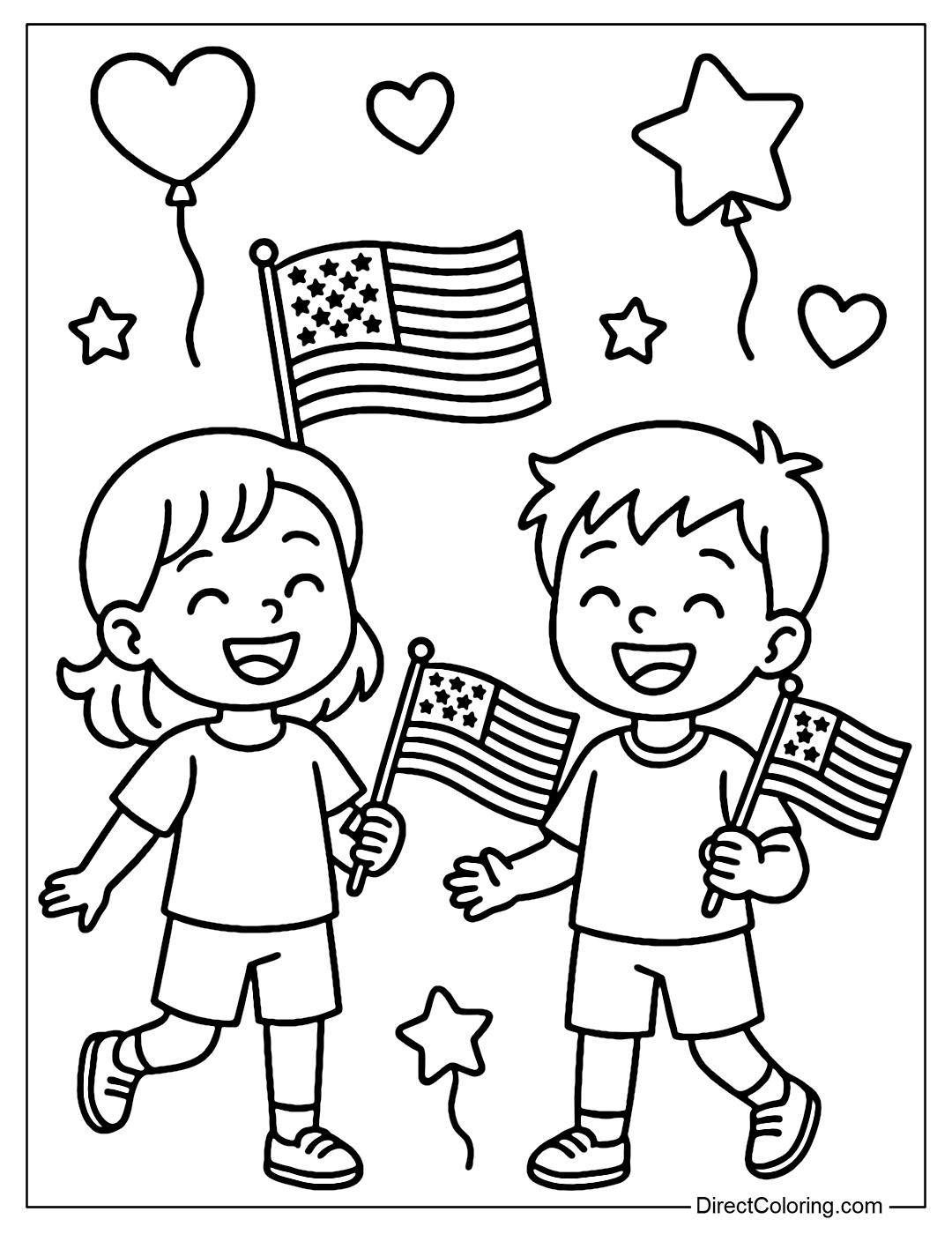 Coloring page of two cheerful babies holding the American flag, surrounded by star-shaped balloons and hearts.
