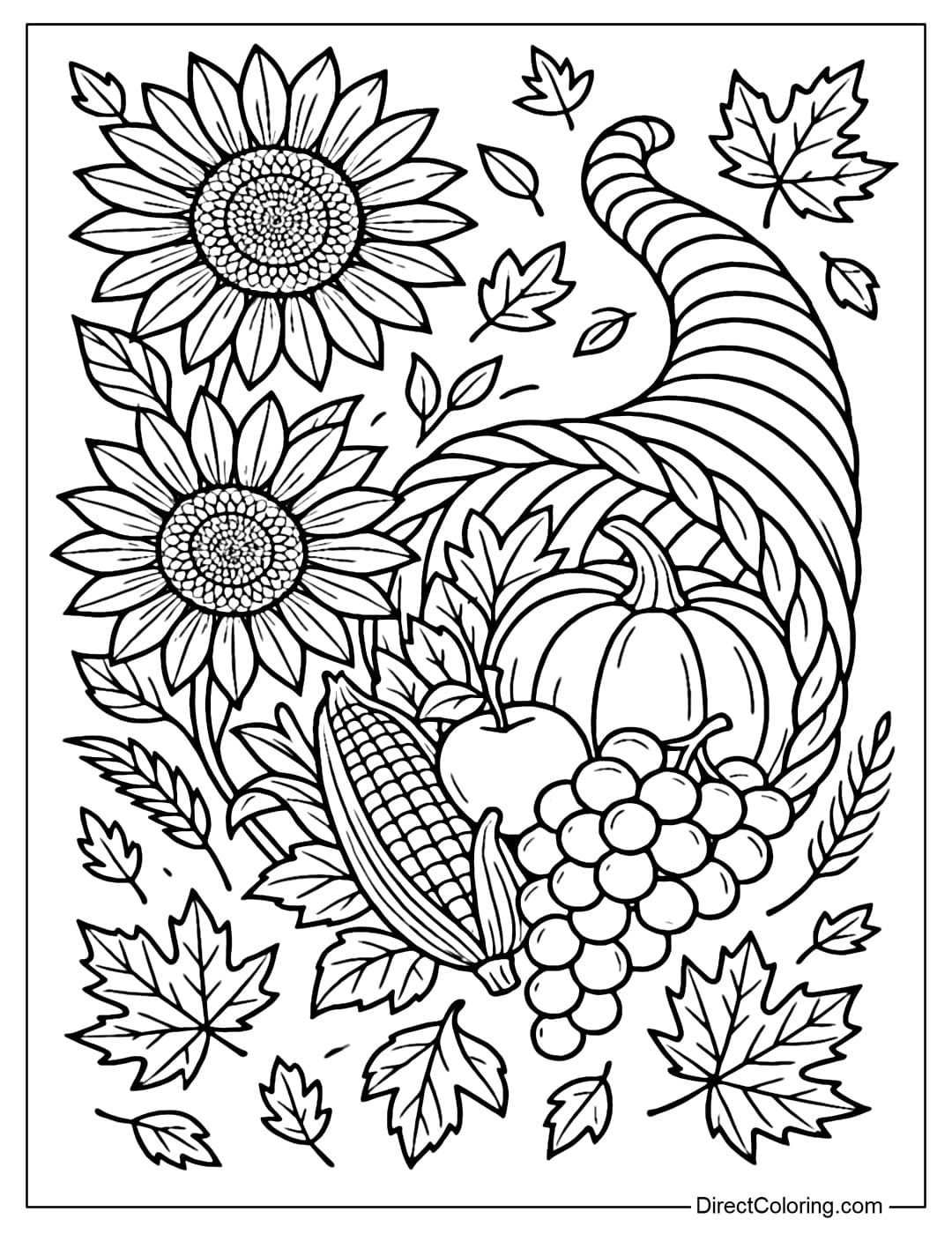 A large Cornucopia coloring page filled with pumpkins, corn, grapes and apples, surrounded by giant sunflowers blooming.