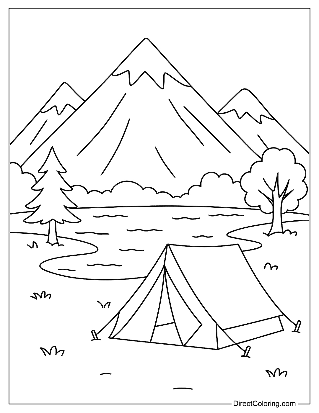 a tent coloring page at the foot of a high mountain, surrounded by a lake and trees