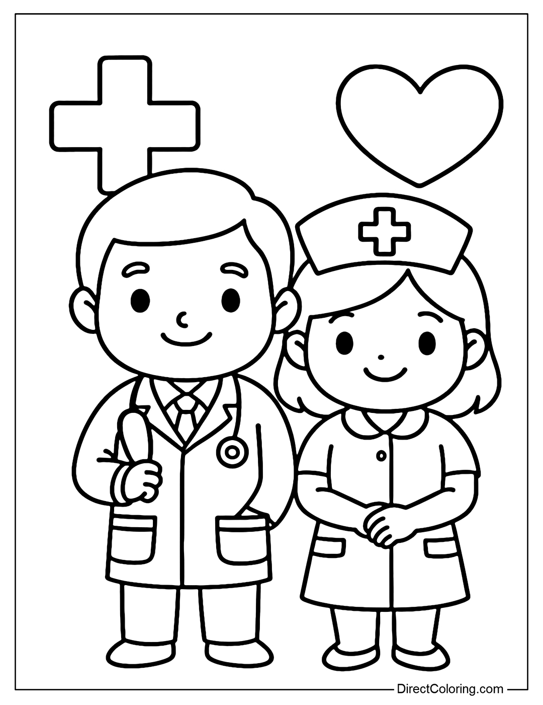 Coloring page of a smiling doctor and nurse, with a red cross and heart symbol behind.