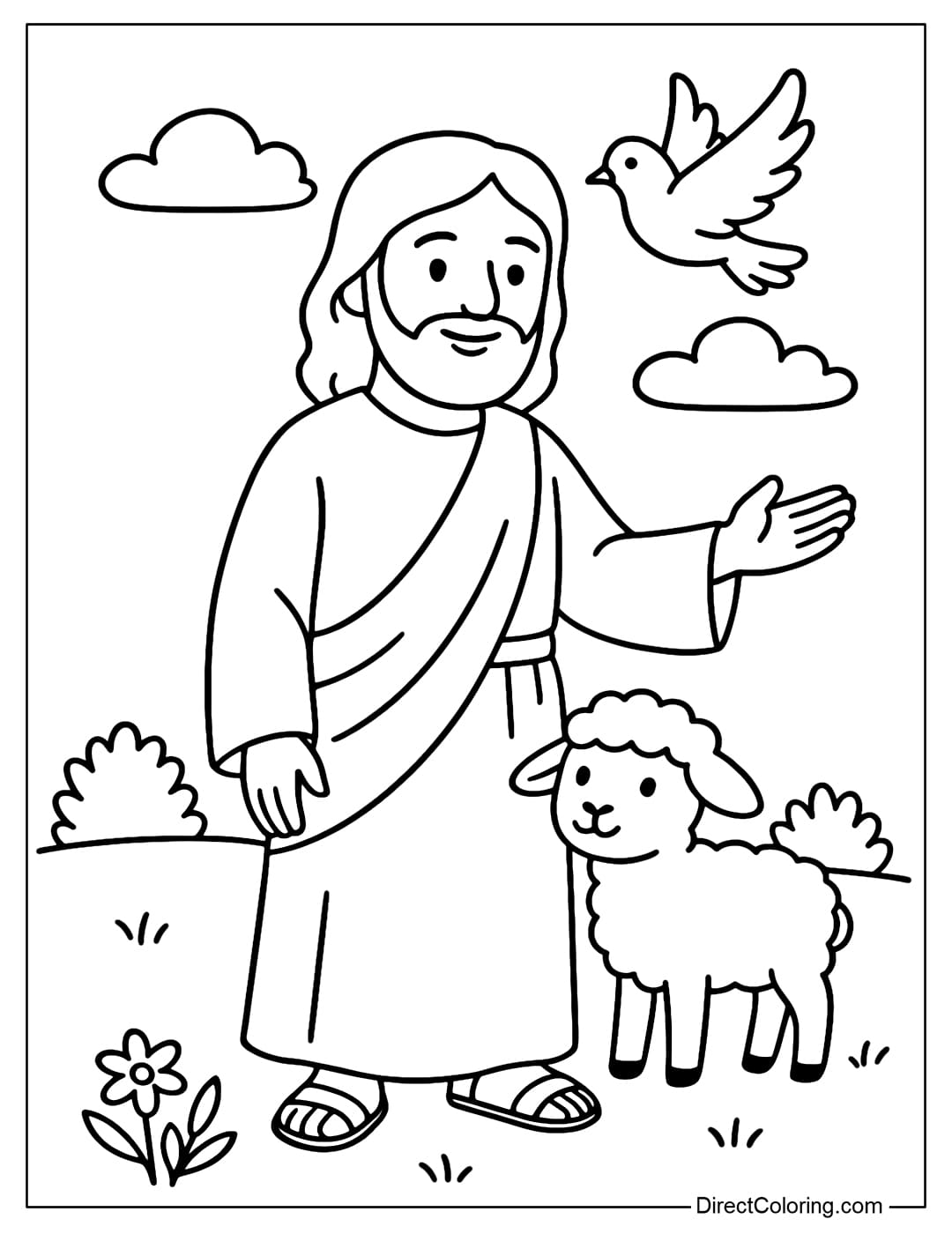 Jesus Coloring Page standing next to a lamb, a dove flying above his head, a grassy field and clouds in the background.