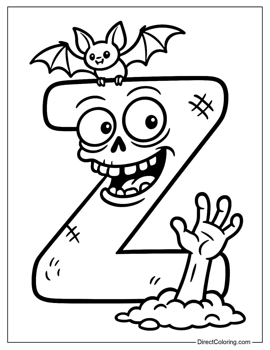 The letter Z coloring page is like a funny zombie, with a small hand coming out of the ground, the expression is humorous but not scary. A small bat perches on the head.